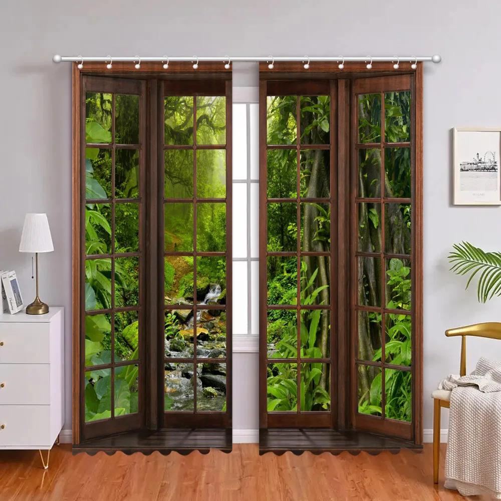 Zasłony Las Tropikalny Faux Okno Krajobraz Natury Zasłony do Salonu Sypialni Zasłony Prysznicowe do Łazienki Tkaniny Dekoracja Domu