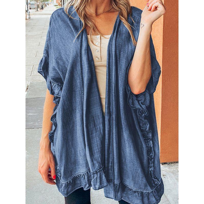 European and American Leisure Loose Easiest for Match Short Sleeve Cardigan Women 2025 Summer New Arrival Ruffles Design Denim Shirt Women