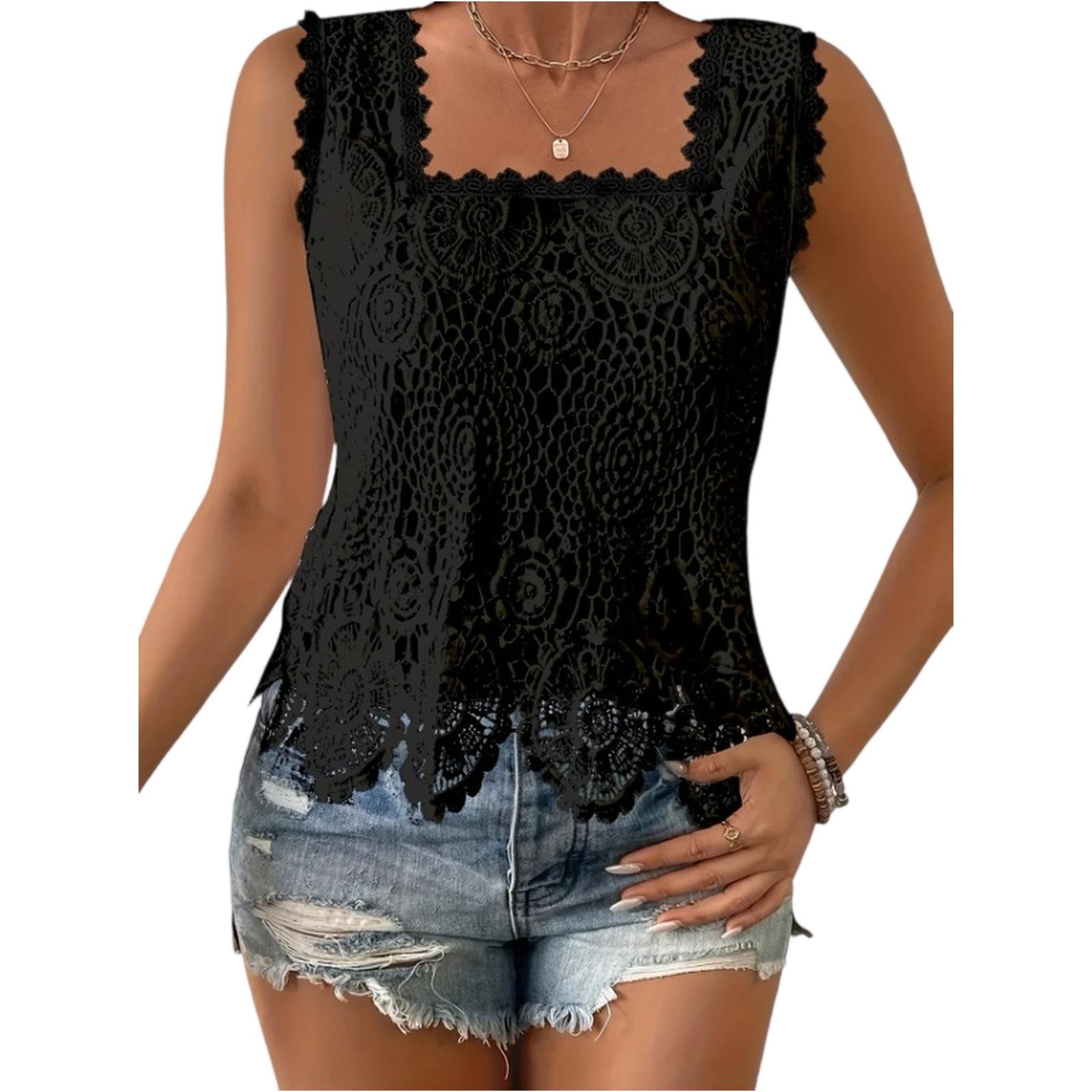 

Женский элегантный модный топ-жилет без рукавов с квадратным вырезом и кружевной отделкой XXL чёрный