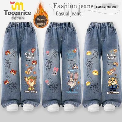 Zootopia Judy & Nick Fleecegefütterte Mädchen-Jeans mit geradem, weitem Bein – Herbst-/Winter-Stil für Kinder