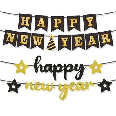 New Year'S Theme Party Decoration Glitter Star Latte Banner Black Gold Letters Hot Gold Latte Banner