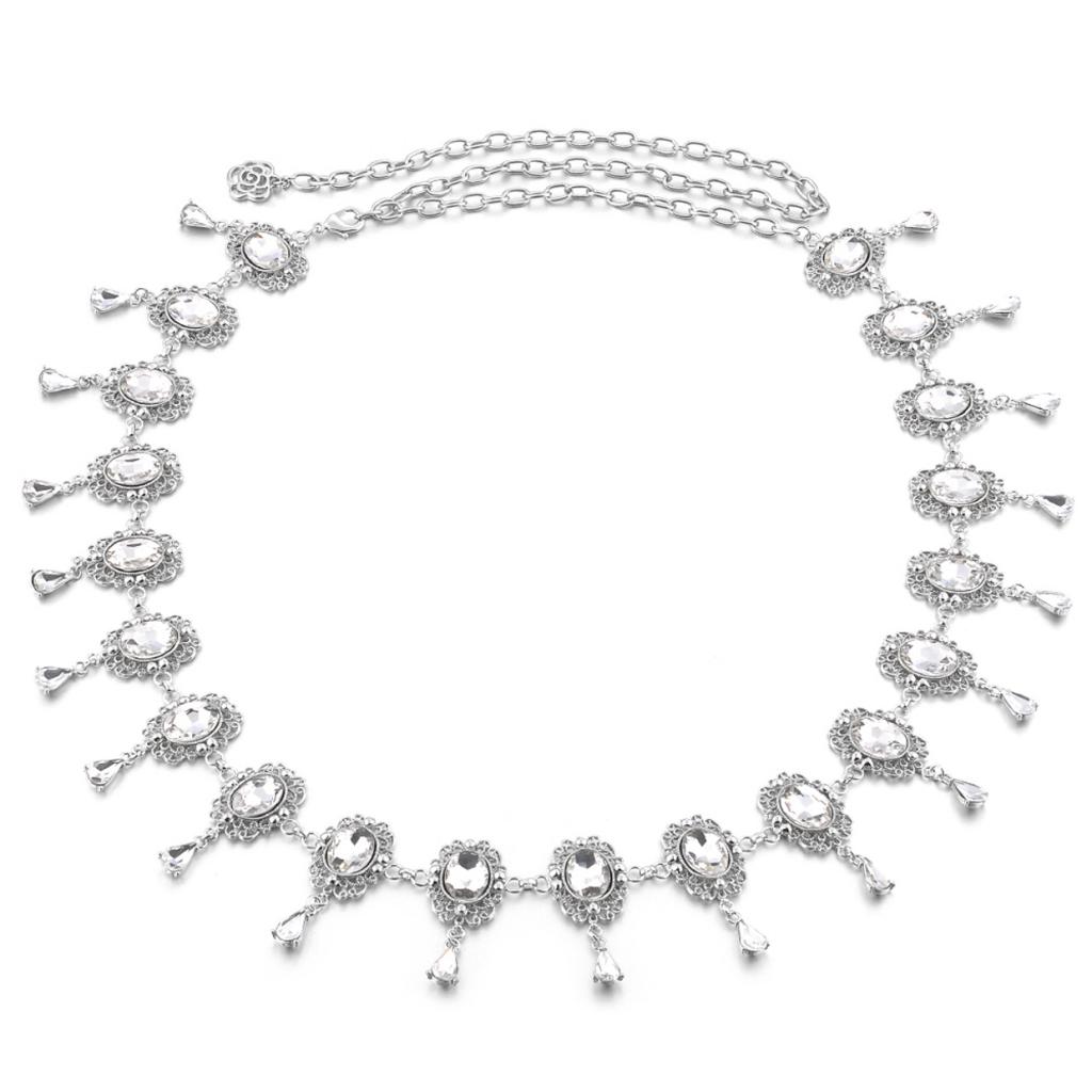 Women Adjustable Diamond Belt Chain Vintage Style Wedding Dress Accessory - Silver