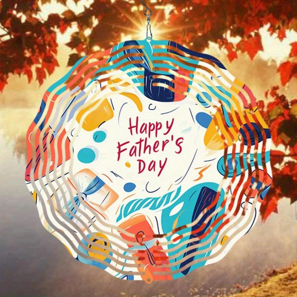 Open - 2D Mandala Wind Chime Happy Father's Day Pattern Metal Windmill, Dynamic Sculpture for Garden and Patio Hanging Decor, Durable Outdoor Artwork