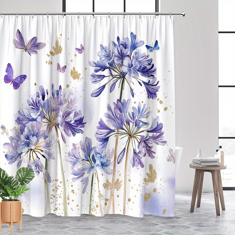 Elegant Purple & Blue Floral Shower Curtain – Watercolor Butterflies with Gold Accents,  Polyester with Hooks
