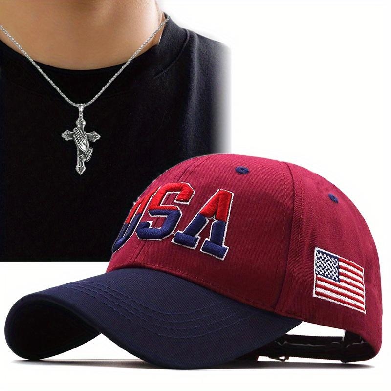 

Комплект из 2 мужских бейсболок, ожерелий, шляпа от солнца с американским флагом, модная сетка с подвеской в виде креста, красная шляпа от солнца вино красного