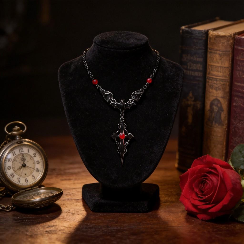 Collana Ciondolo Croce Pipistrello Gotico Vampiro per Donna in Lega
