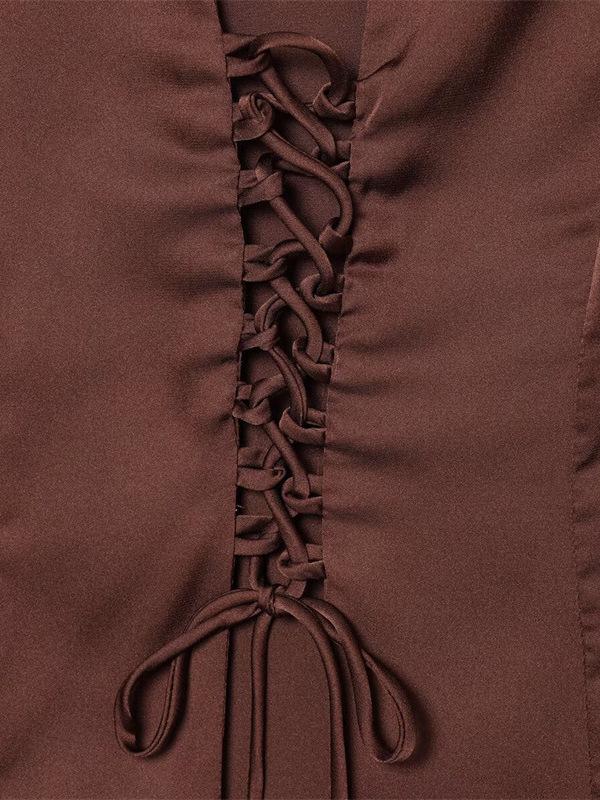 Kadınlar İçin Zarif Vintage Saten V Yaka Bağcıklı Uzun Kollu Üst