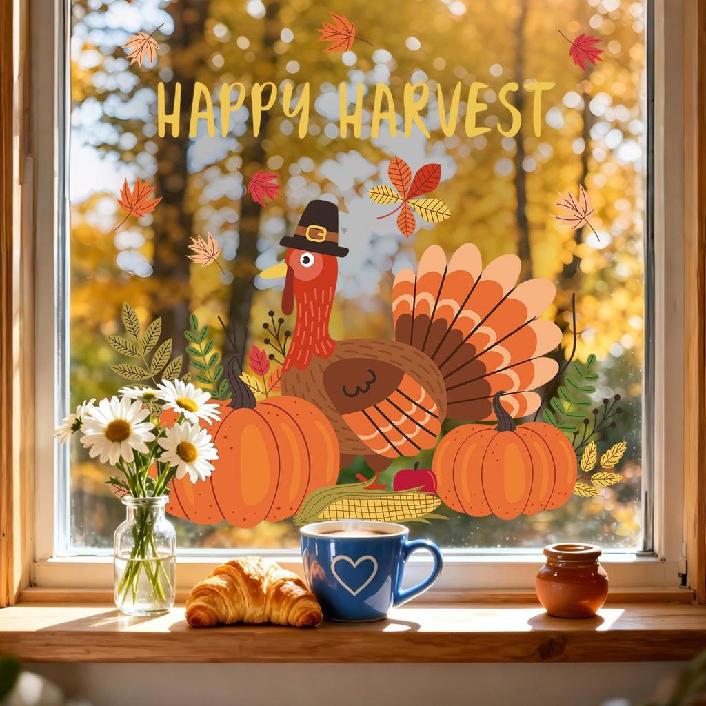 Autumn Harvest Electrostatic Stickers - Thanksgiving Turkey & Pumpkin PVC Glass Decor