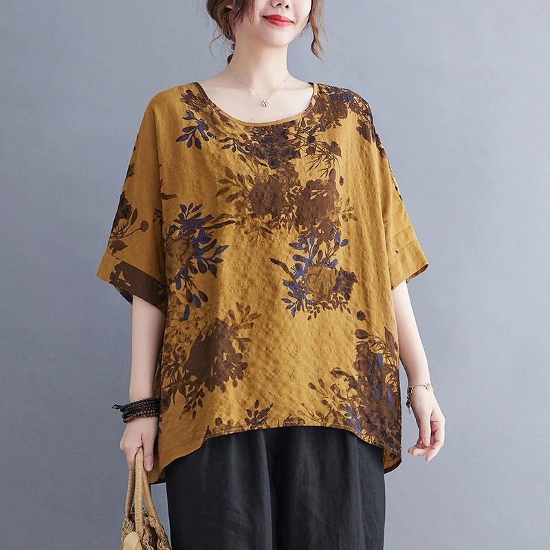 Plus Size Women's Casual Shirt, Floral Print Round Neck Lantern Sleeve Loose Top, Women's Office Casual Top