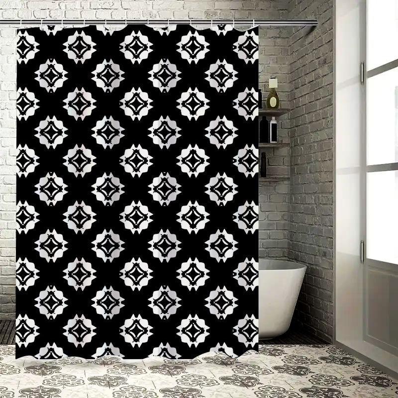 White Black Geometric Shower Curtain with Metal Hook Rings Decorative Bath Liner for Home Use