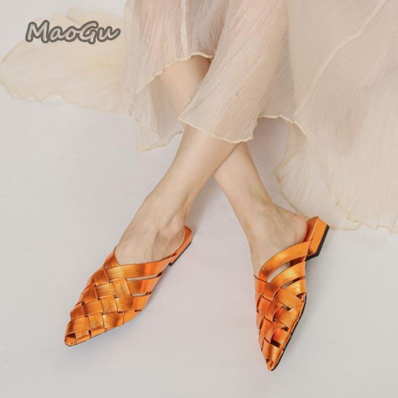 Fashion Female Pointed Toe Low Heel Slippers Summer 2025 Fashion Weave Slides Mules Size 35 43 Women's Sandals Outwear Zapatos De Mujer