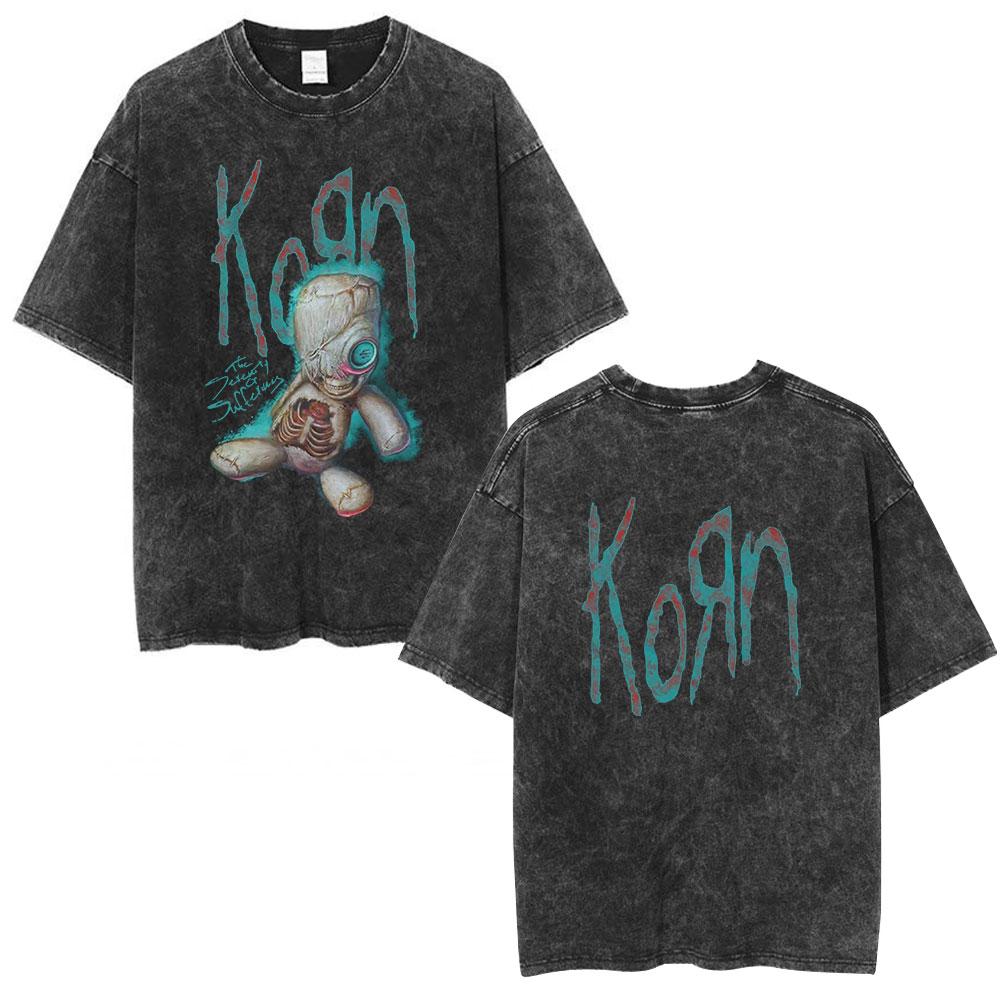 Korn Follow The Leader 20Th Anniversary Washed T Shirt Metal Gothic Rock Band T Shirts Men Vintage Oversized T-shirt Streetwear