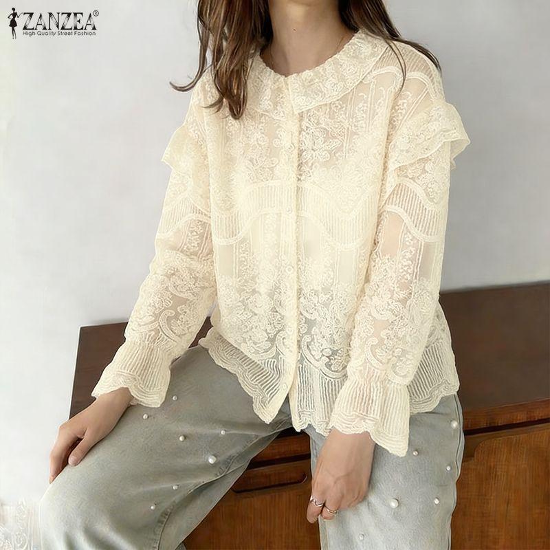 ZANZEA Women Casual Round Neck Long Sleeve Loose Lace Blouse