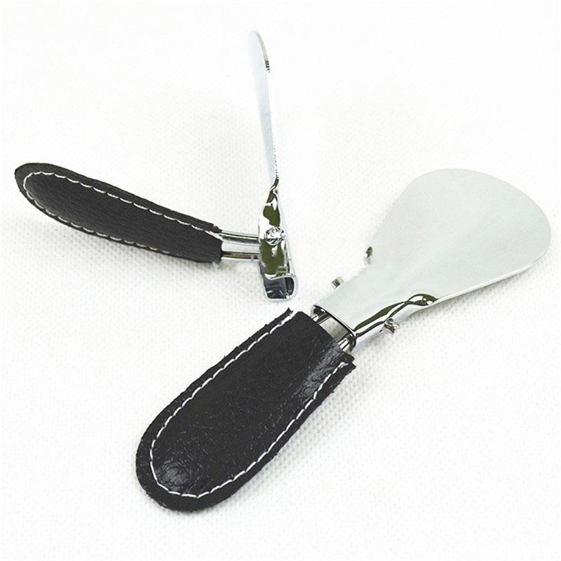 Easy Carry Black Folding Shoehorn Metal Durable With Stainless Steel Faux Leather Portable Fashion Mini Shoe Horns Accessories