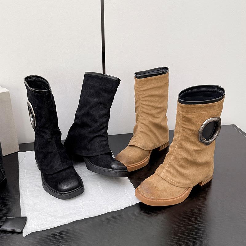 Cowhide version retro suede versatile leather Martin short boots women's autumn new niche metal buckle western cowboy boots