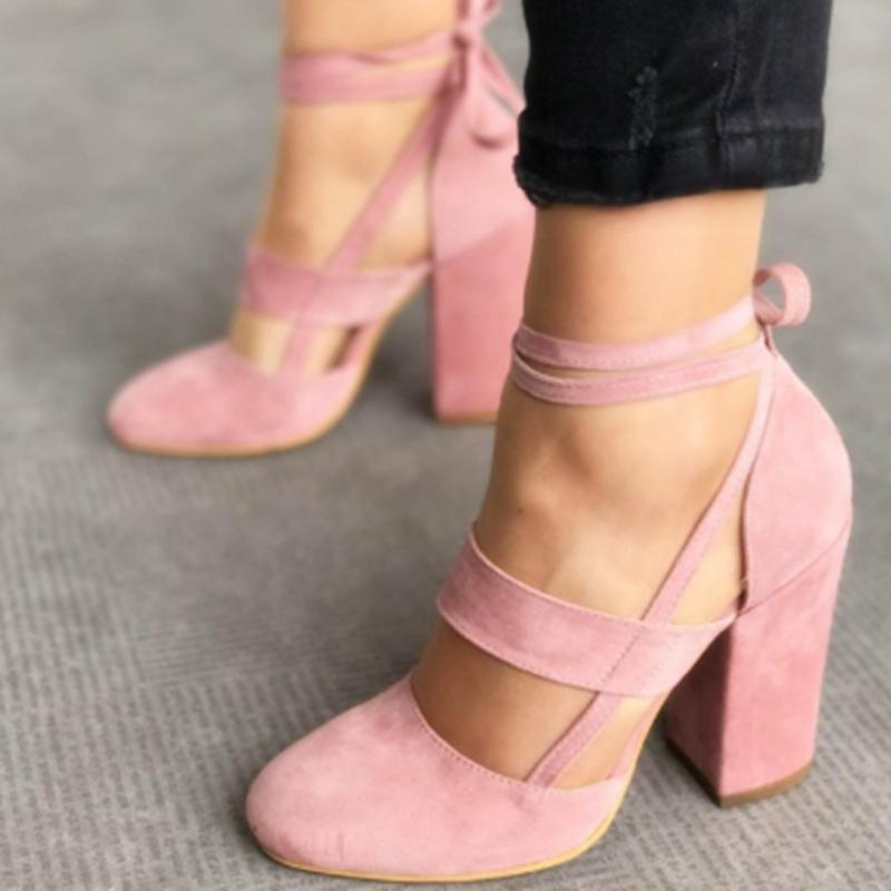 Fashion European and American Suede Women's Shoes 2024 New Solid Color High Heel Round Toe Tie Women's Single Shoes Zapatos De Mujer