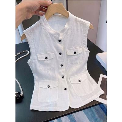 Summer Women Sleeveless White Waistcoat High End Texture Cotton Linen Stand Collar Old Money Style Outer Vest