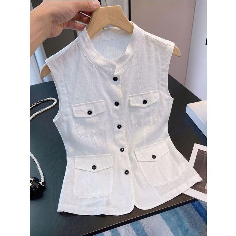 Summer Women Sleeveless White Waistcoat High End Texture Cotton Linen Stand Collar Old Money Style Outer Vest