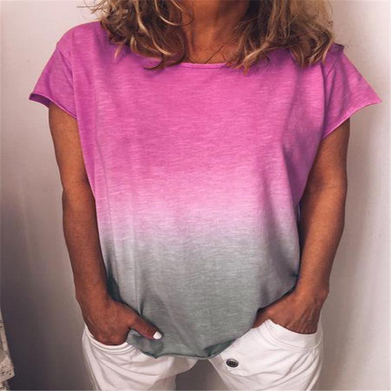 Women's Summer Rainbow Gradient Printed Round Neck Short Sleeve Loose T-shirt