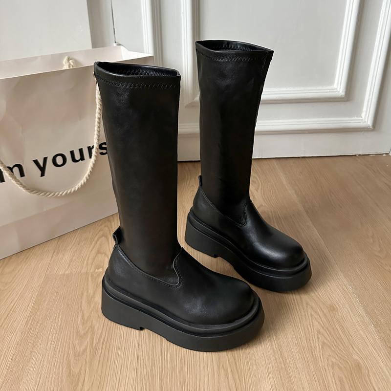 

Cosy Soft Leather Women Knee High Boots Fashion Slip On Thick Heel Shoes Female Punk Style Long Booties De Muje 40