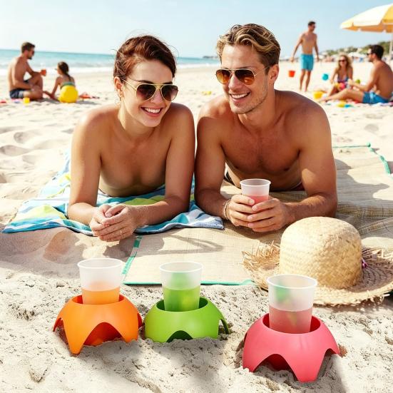 Becherhalter für den Strand in kräftigen Farben Stapelbarer tragbarer Getränkehalter für Handys Snacks Sonnencreme Sandfreier Organizer für Reisen Camping Picknick Familie