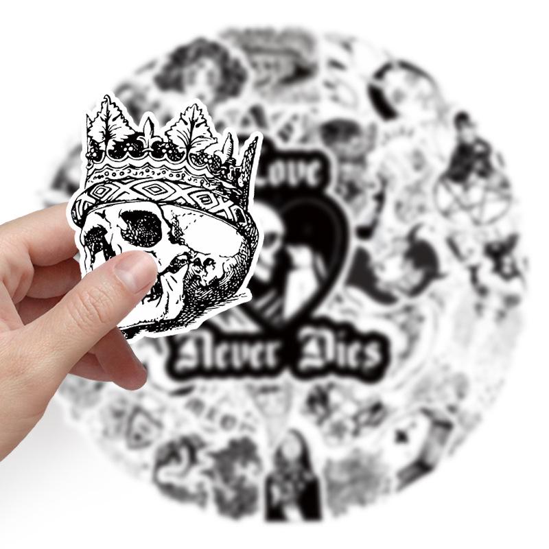 50 Black & White Gothic Punk Style Graffiti Stickers for DIY Suitcases, Notebooks, and Skateboards.
