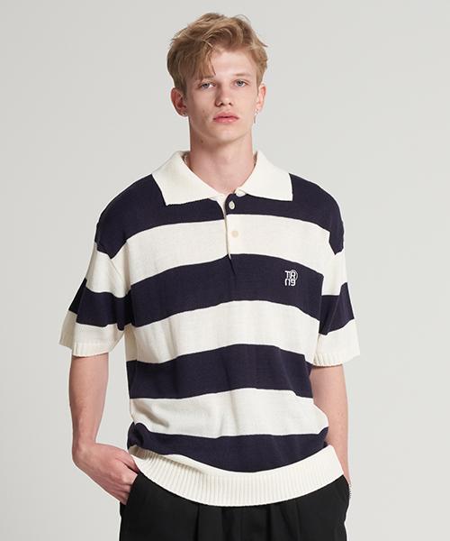 Tener Embroidered Striped Collar Short Sleeve Knit Navy F
