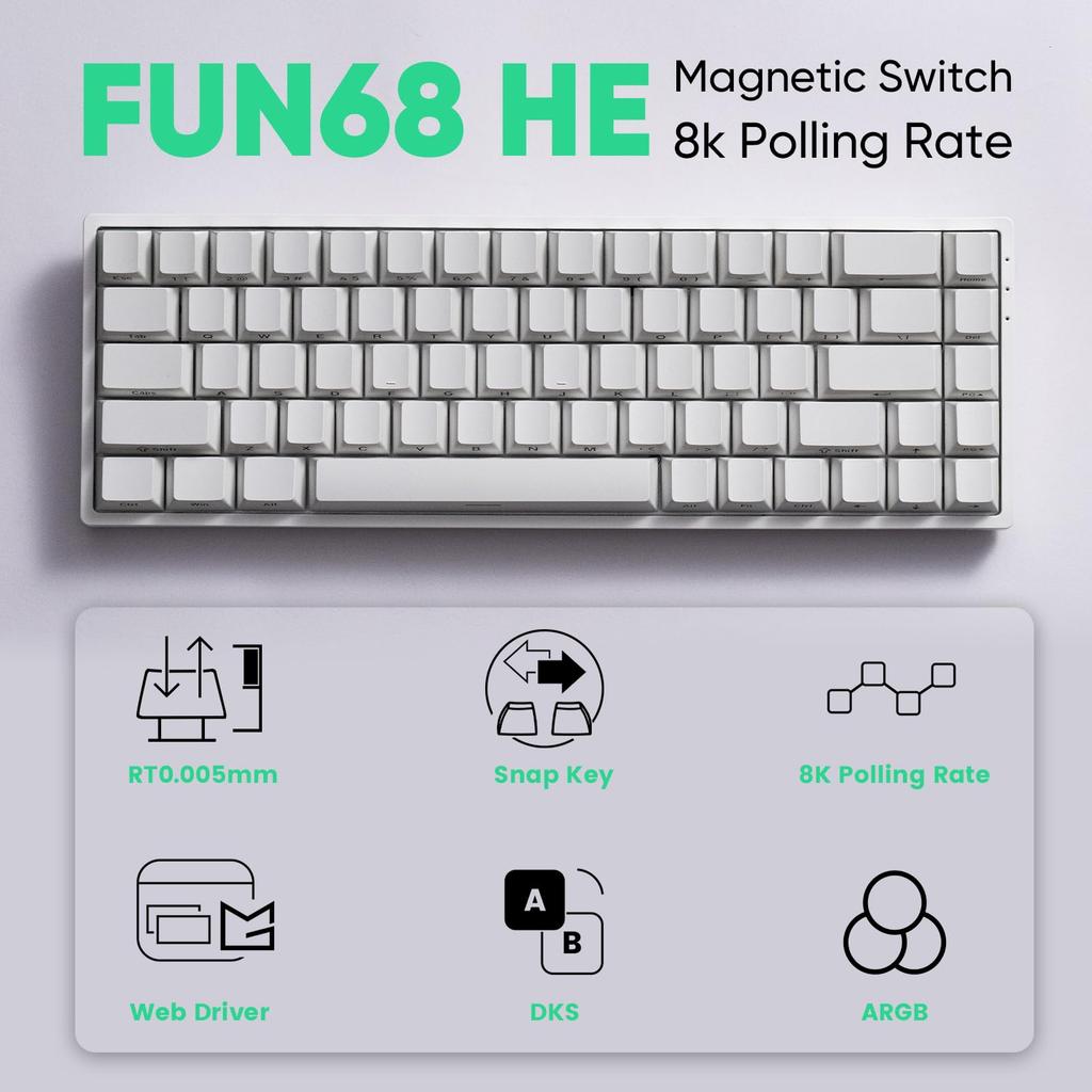 MonsGeek FUN68 HE Rapid Trigger English Layout Wireless Model Magnetic Switch Akko Flash Magnetic Switch Tenkeyless Side Print Double Shot PBT 8K