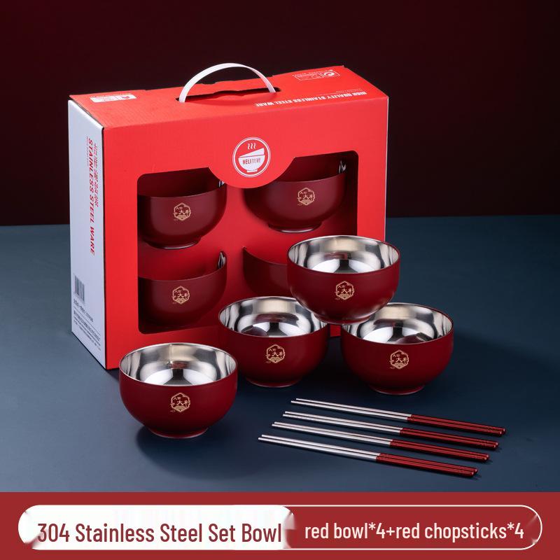 Red 304 Stainless Steel Bowl Set, Double-Layer, Anti-Scald, Heat Insulation - Available in Four or Six-Piece Sets.