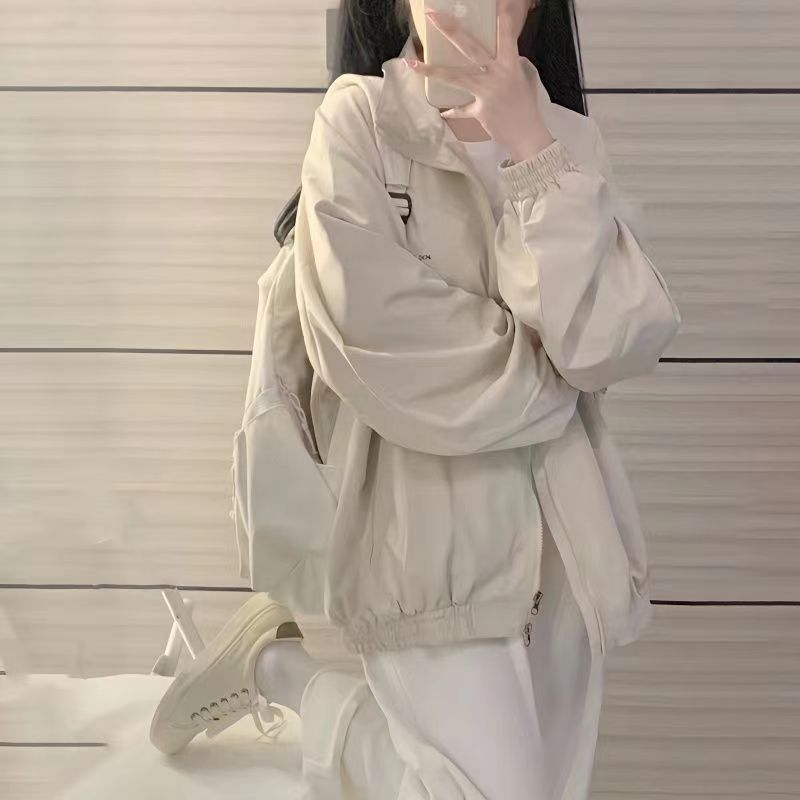 Women's Harajuku Minimalist Jacket Student Baseball Style Loose Casual Versatile Trendy Windbreaker Jacket Top for Spring and Autumn