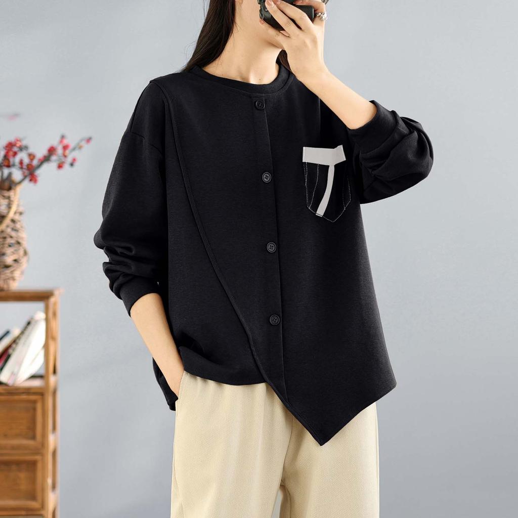 DIMANAF 2025 Podzimní Tričko Plus Size Dámské Dlouhý Rukáv O-Výstřih Volné Jednobarevné Topy Trička Bavlna