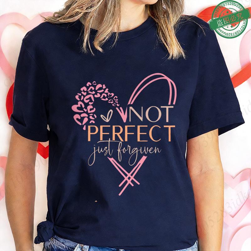 Nicht Perfekt Nur Vergeben T-Shirt für Damen Herz Kreuz Grafik T-Shirt Lässige Kurzarm O-Ausschnitt Oberteile Inspirierendes Christliches Geschenk