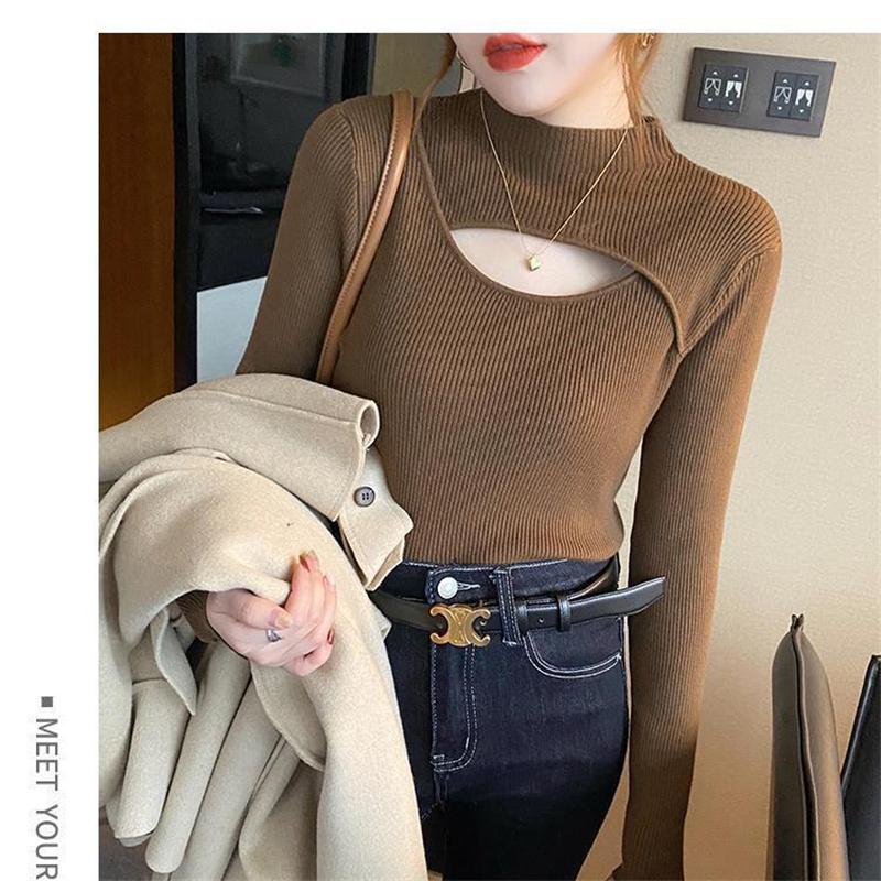 2022 Autumn Winter New Women Fashion Hollow Out High Neck Solid ColorLong Sleeve KnitSweater For Ladies Slim Knitted Pullovers