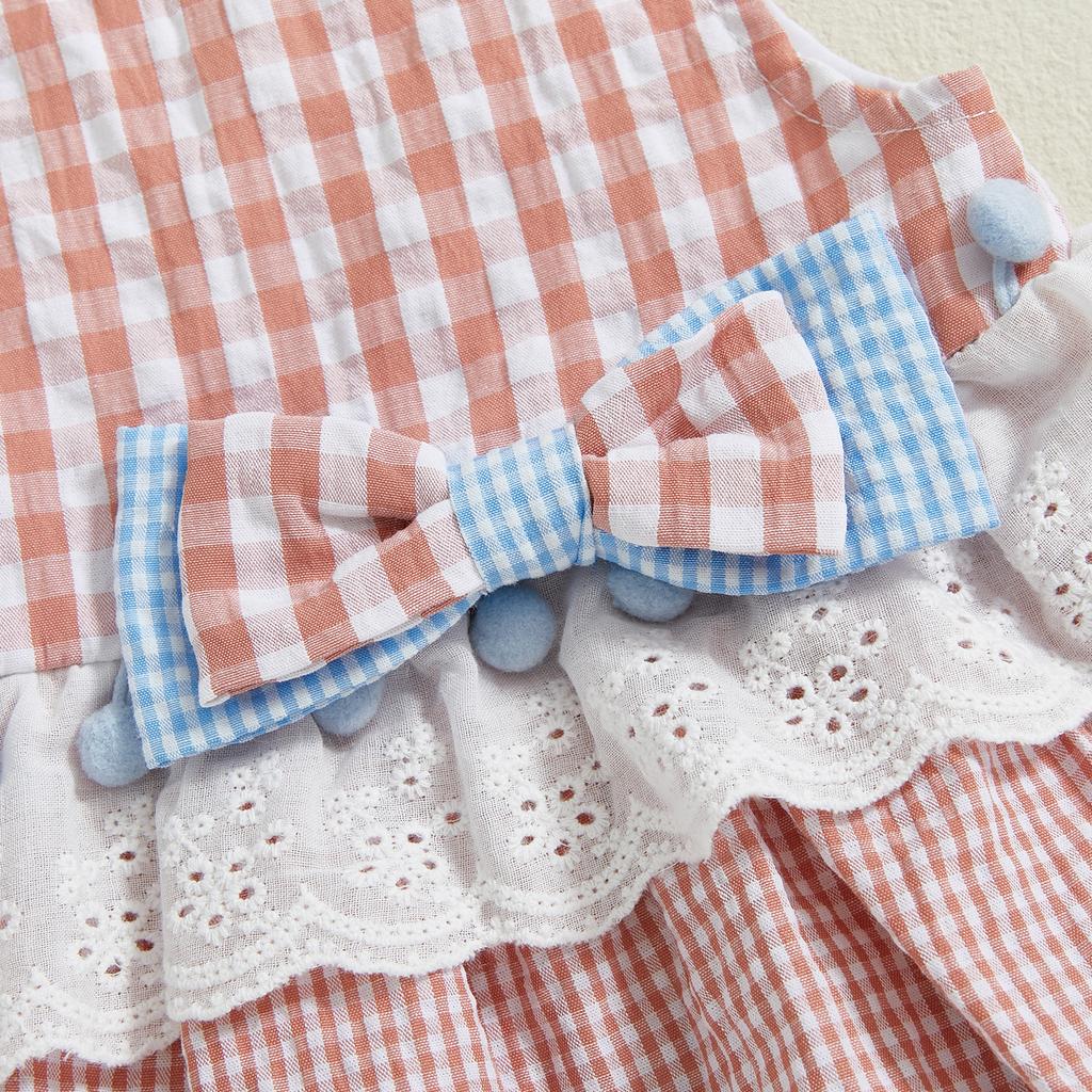 Newborn Girl Outfit, Sleeveless Plaid Patchwork Romper Dress with Bowknot Hairband Summer Clothes
