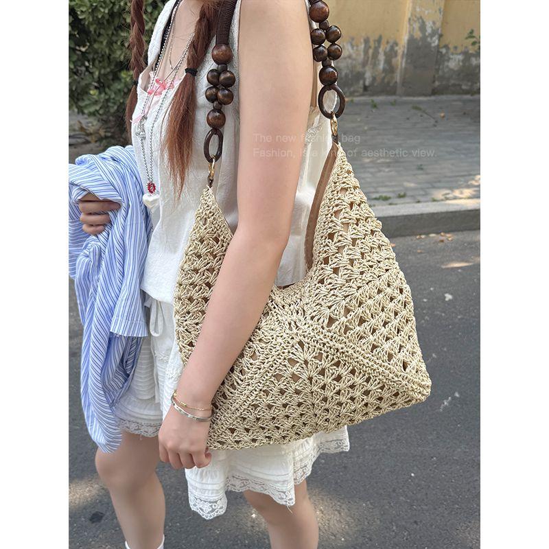 

Летняя плетеная сумка из соломы Женская 2025 Новая Морской отдых Пляжная Ажурная Сумка-тоут на плечо Плетеная сумка-овощная корзина Beige White