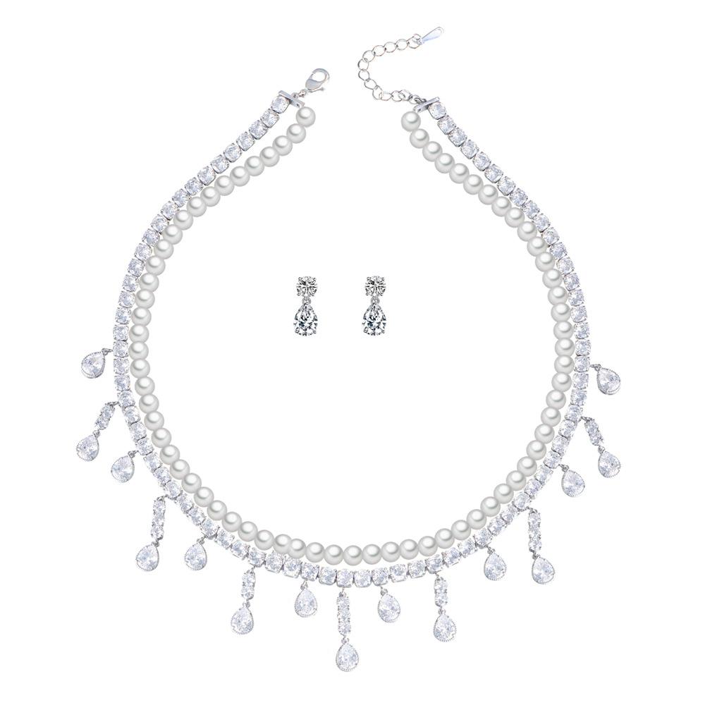Super Sparkling Water Drop Zircon Pearl Necklace Earrings Set Holiday Photography Bridal Wedding Pearl Set Chain