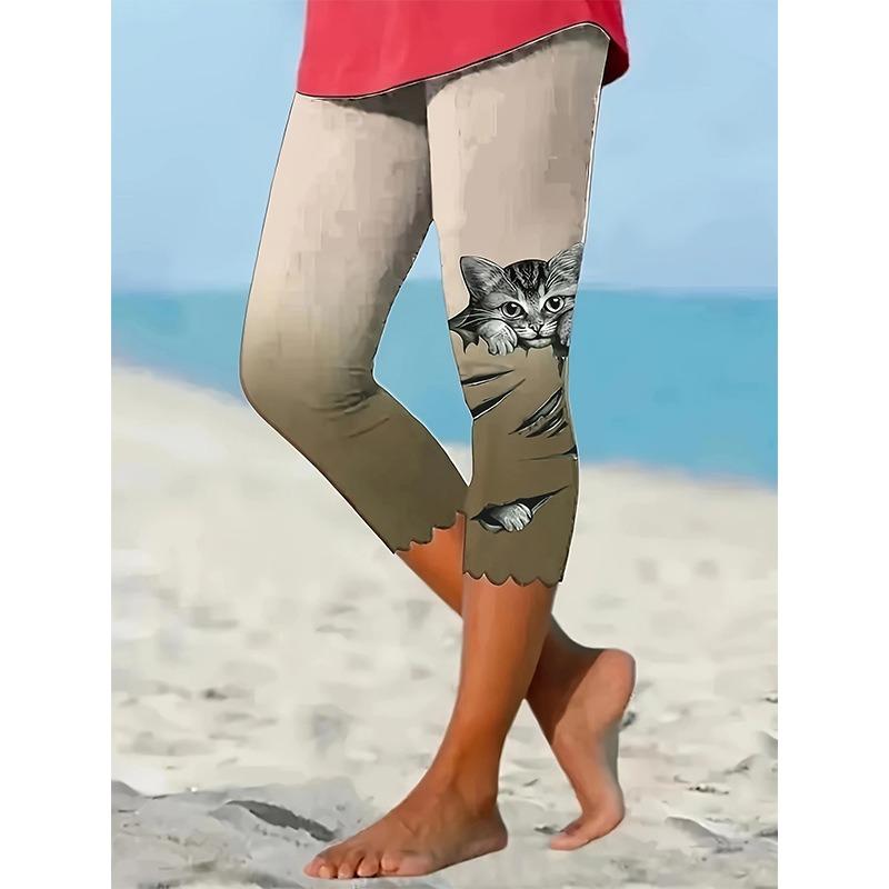 Casual Gato Estampado Slim Fit Mulheres Leggings Capris Moda Cintura Alta Correndo Calças Lady Elegante Skinny Moda Feminina Leggings Calças 24520