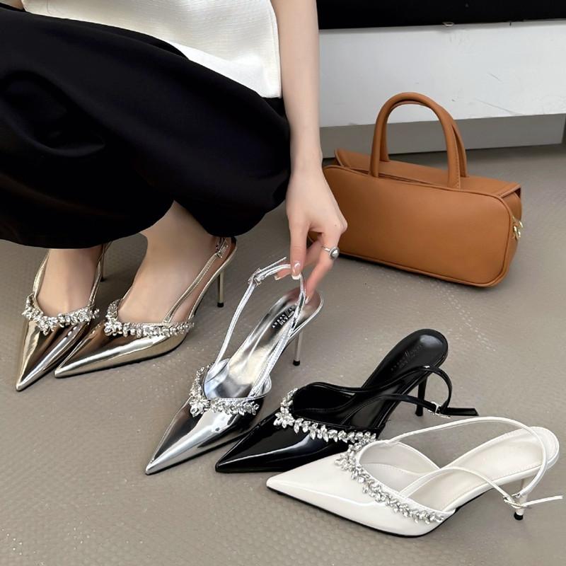 Fashion High Quality Patent Leather Rhinestone High Heels Women Sexy Pointed Toe Slingback Heeled Sandals Elegant Banquet Dress Shoes