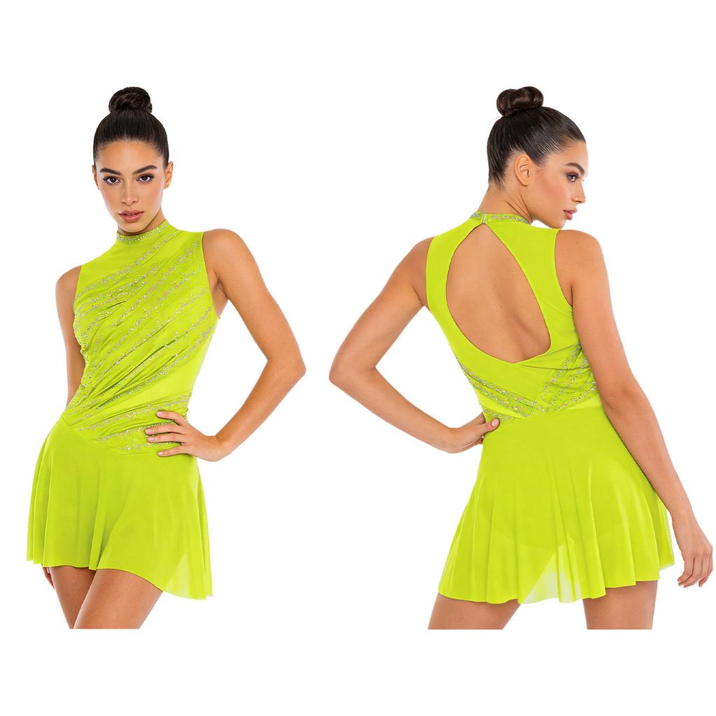 Womens Gymnastics Ballet Lyrical Dance Leotard Dress Rhinestone Embellished Mesh Skirt Dress Modern Contemporary Dance Costume