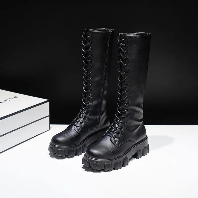 Fashion Long Women Boots Trendy Sexy Zipper Pu Leather Women Boot Designer Punk Work Boots for Lady Platform Thick Heel Motorcycle Boots