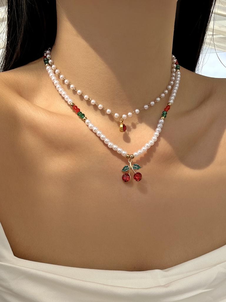 Trendy Red Fruit Cherry Beads Pendant Pearl Beaded Necklace For Women Trendy Party Clavicle Choker Jewelry Holiday Gift