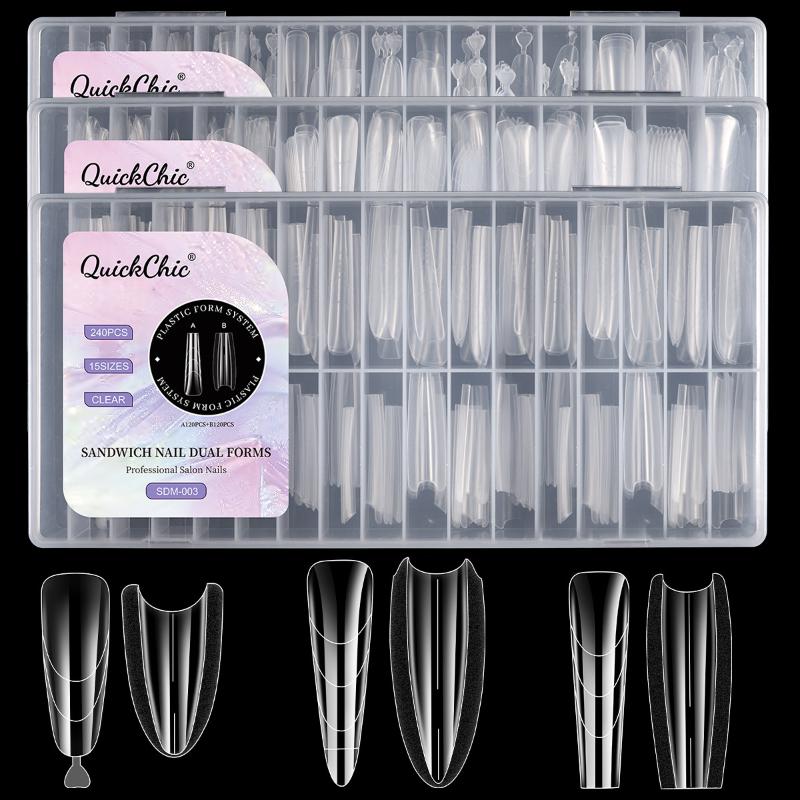 240Pcs Clear Dual Forms Nail Mold Sets Full Cover False Nail Tips Poly Nail Gel Mold Reusable Nail Top Form