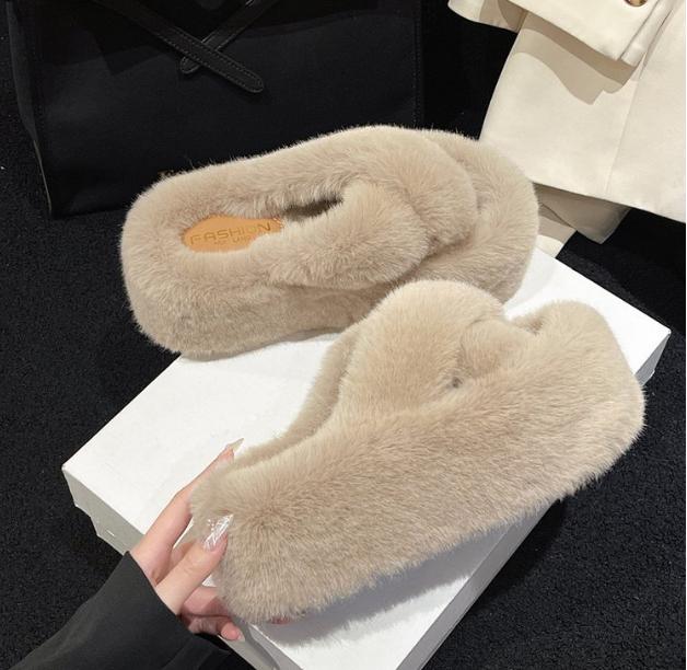 Fashion Woman Furry Ladies Faux Fur Luxury Fluffy Plush Slipper House Fuzzy Girl Platform 7CM Indoor Sandals Winter High-heeled Shoes