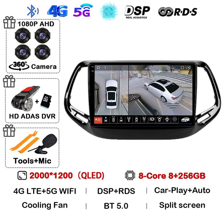 Android 14 Carplay Auto Car Radio For Jeep Compass 2017 2018 2019 GPS Navigation Stereo Multimedia Video Player 360 Camera WIFI