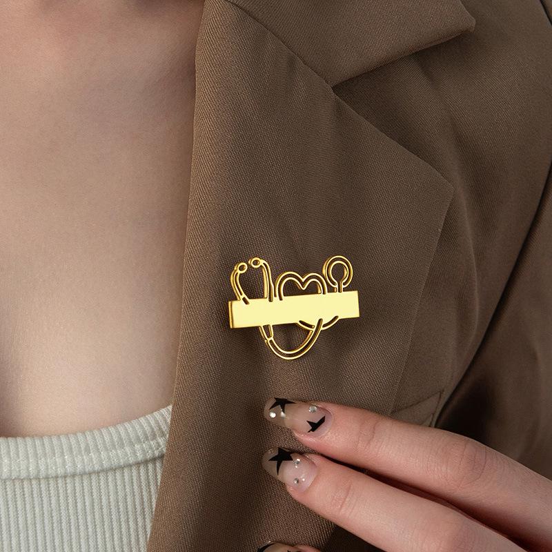 Stainless Steel Stethoscope Brooch with DIY Name Laser Engraving