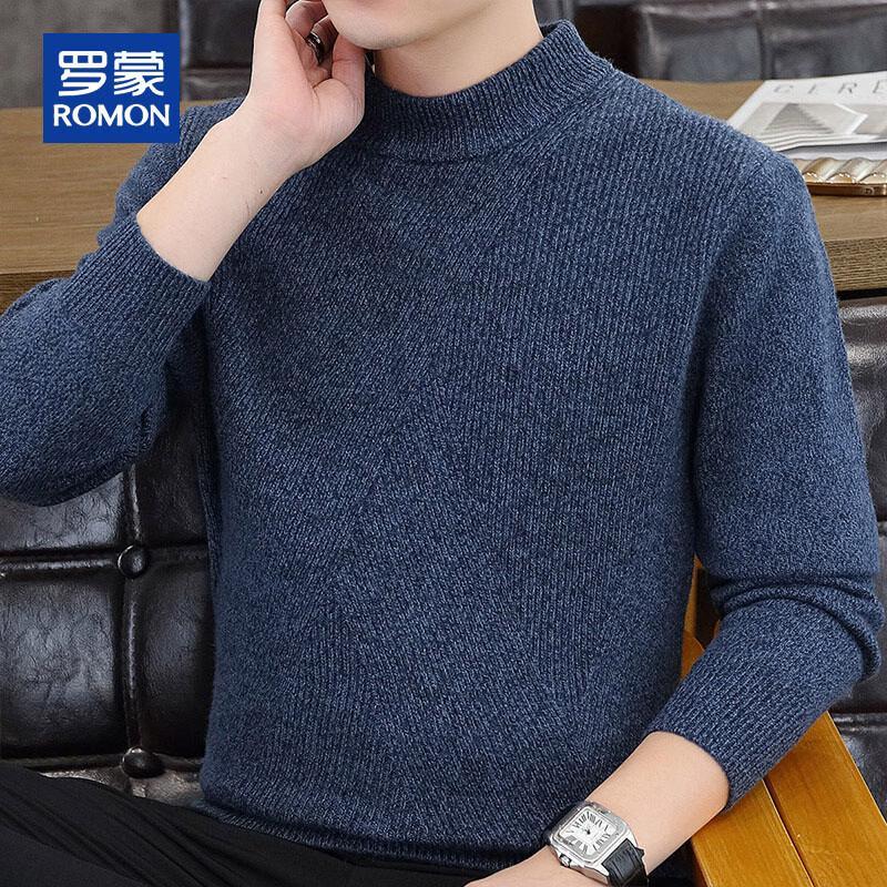 Romon Men's 100% Pure Wool Thickened Semi-High Neck Pullover Sweater