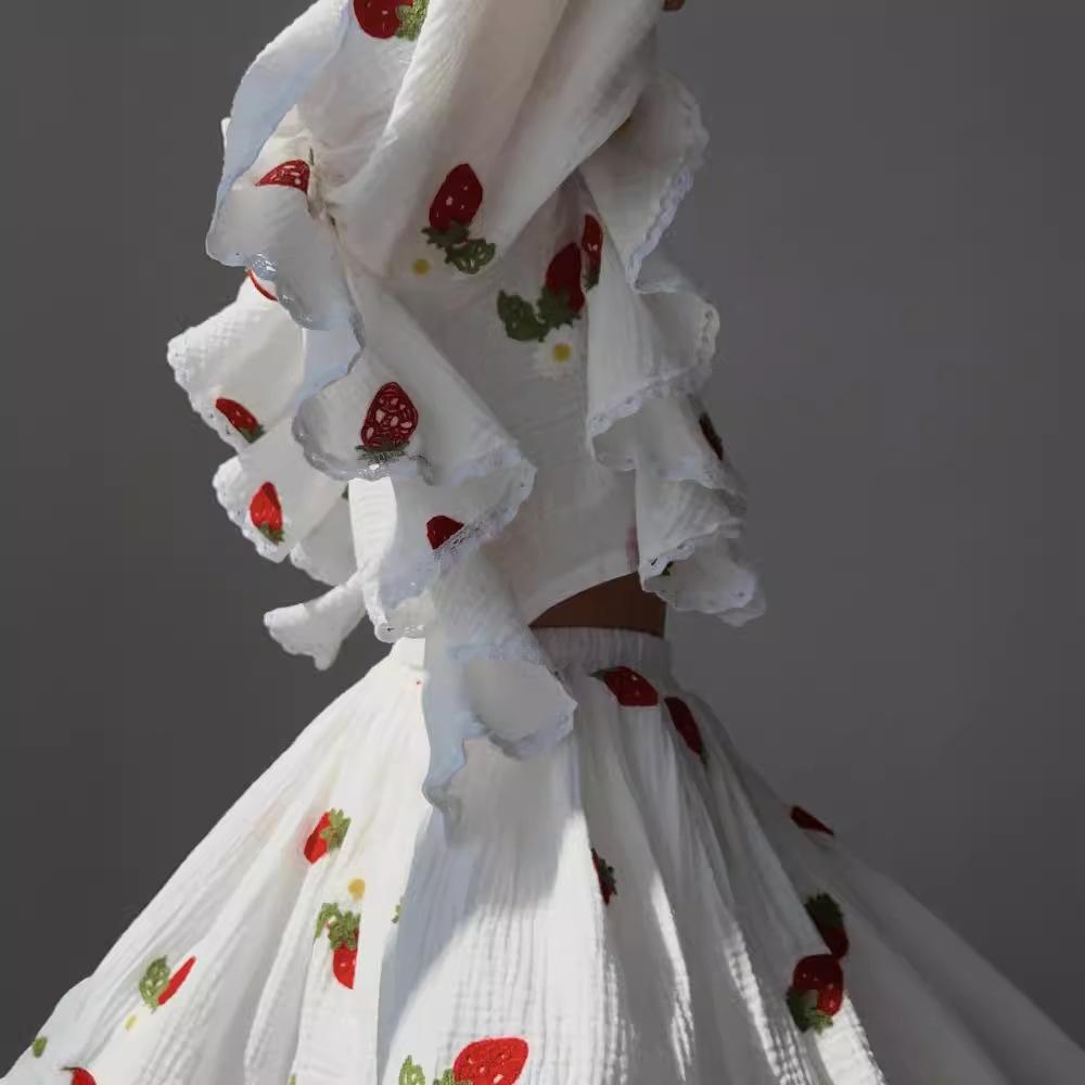 Women Cotton Linen Print Loose Suit Women Lantern Sleeve Ruffles V Neck Patchwork Single Breasted  High Waist Mini Skirt Suit