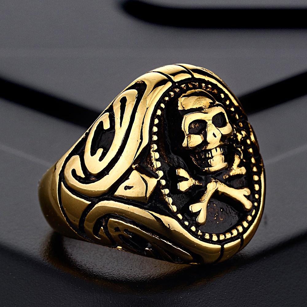 Gothic Stainless Steel Pirate Skull Ring for Men Punk Gold Color Biker Skull Stamp Rings Jewelry Gift for Boyfriend Size 7-13