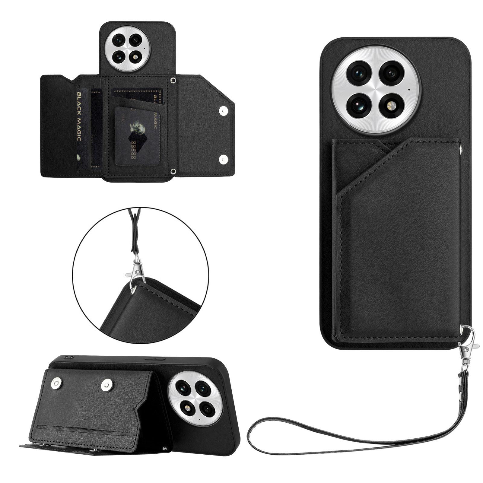 

Чехол для OnePlus 13 с держателем для карт, подставкой, покрытием с эффектом кожи и ремешком на запястье Black