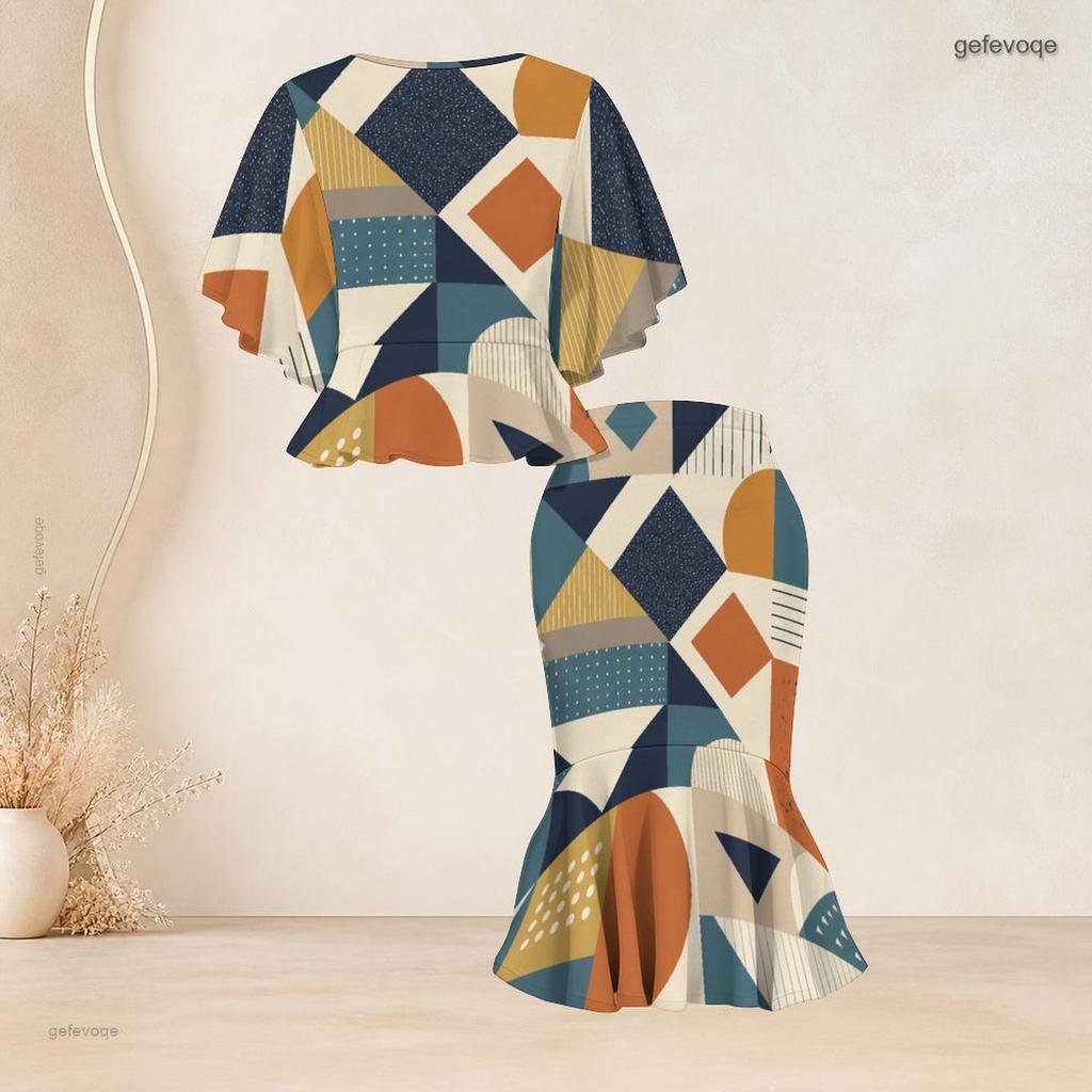 Women Plus Size Geometric Printed Two Piece Skirt Set Batwing Sleeve Ruffle Hem Top Fishtail Skirt